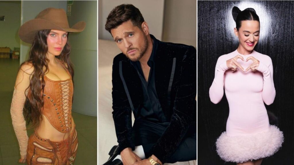 Belinda, Michael Bublé y Katy Perry en ensayo para la apertura del Mundial 2026 con fondo de estadio multicolor