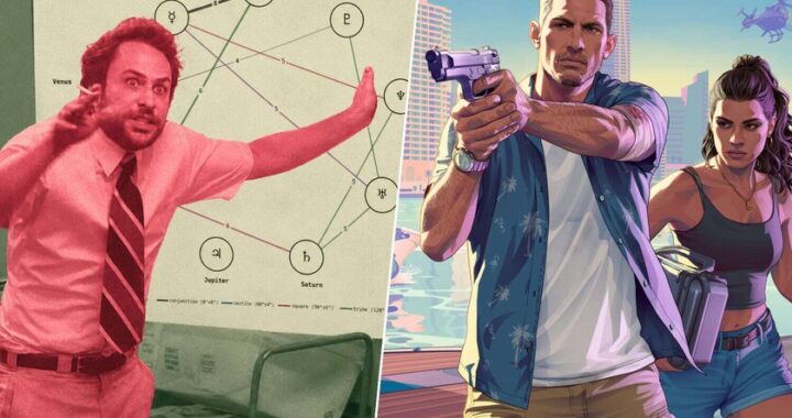 Gráfico de alineación planetaria con Plutón en Sagitario y logo de 'GTA VI' superpuesto, vinculando astrología y fecha del tráiler