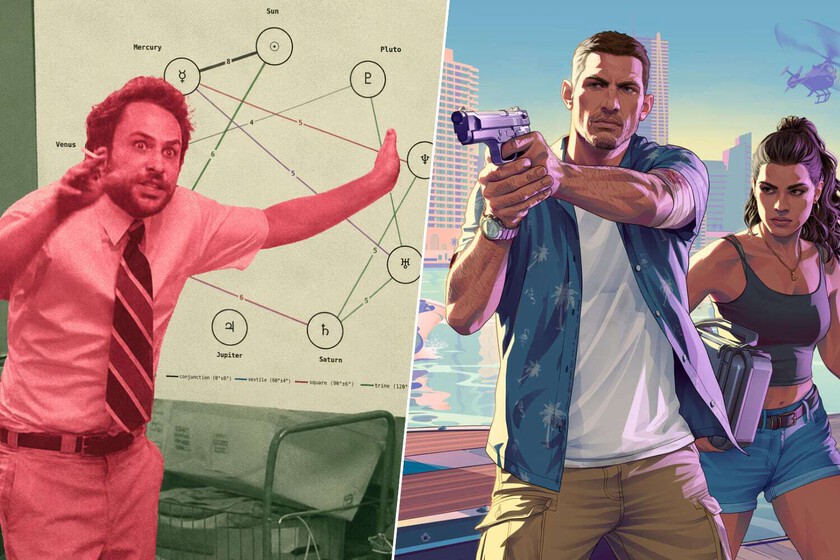 Gráfico de alineación planetaria con Plutón en Sagitario y logo de 'GTA VI' superpuesto, vinculando astrología y fecha del tráiler