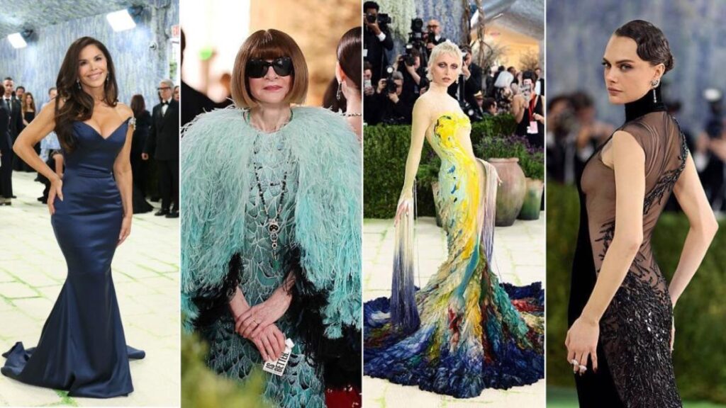 Lauren Sánchez y Anna Wintour en la alfombra roja de la Met Gala 2026 con vestidos de alta costura y protestas al fondo