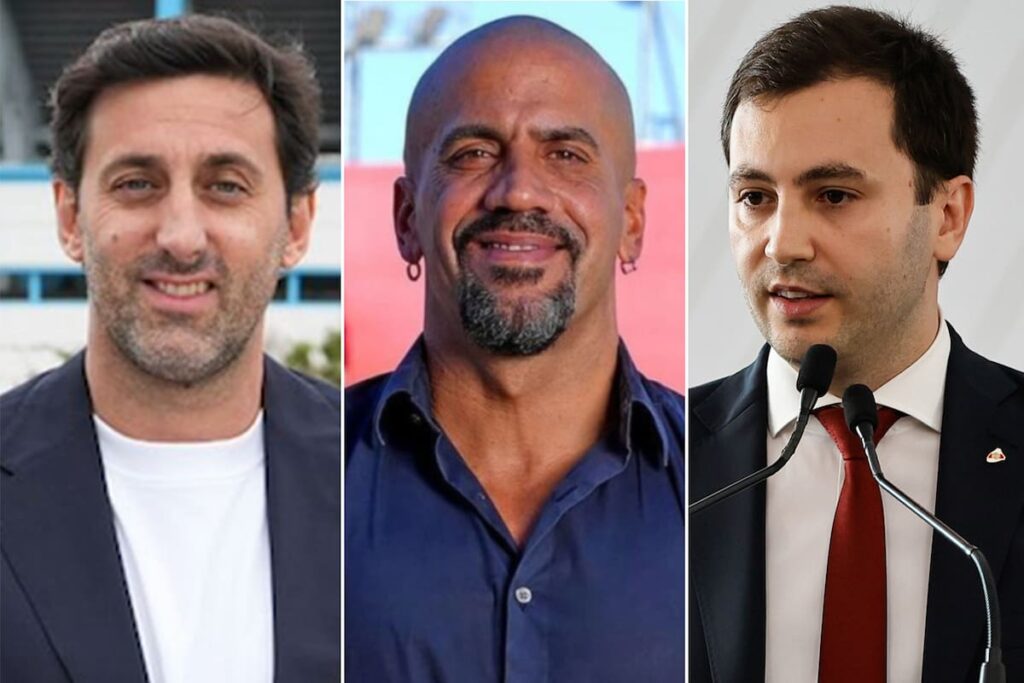 Diego Milito, Juan Sebastián Verón y Jorge Brito en reunión estratégica frente a logo de la AFA con gestos serios