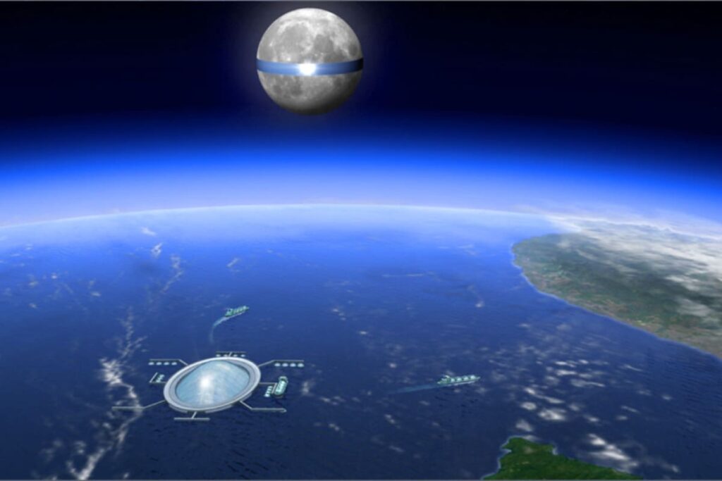 Ilustración del anillo solar lunar de 11000 km rodeando el ecuador de la Luna con paneles fotovoltaicos brillantes