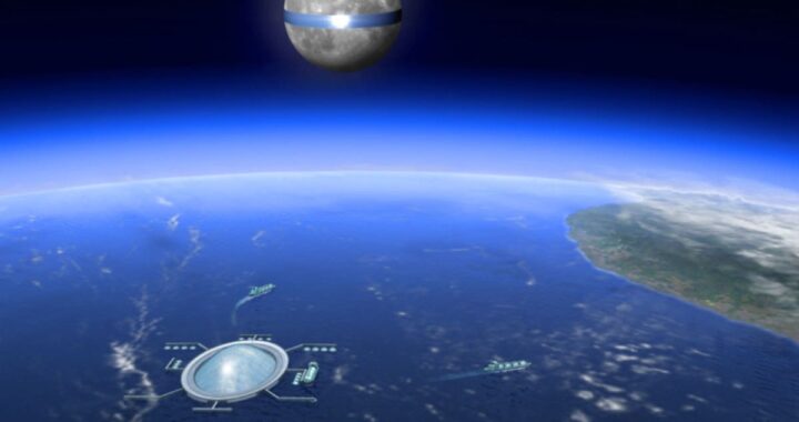 Ilustración del anillo solar lunar de 11000 km rodeando el ecuador de la Luna con paneles fotovoltaicos brillantes