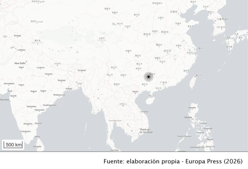 Mapa sísmico mostrando el epicentro del terremoto de 5.2 grados en Liuzhou, China, con zonas de riesgo marcadas