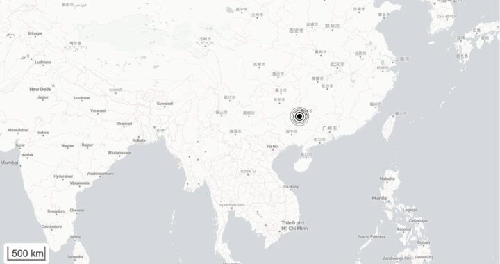 Mapa sísmico mostrando el epicentro del terremoto de 5.2 grados en Liuzhou, China, con zonas de riesgo marcadas