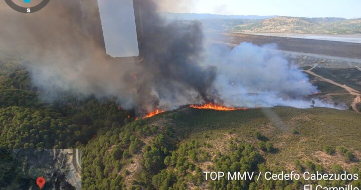 Bomberos forestales del Plan Infoca combaten incendio cerca de la presa de Cobre en Huelva, con humo denso y medios aéreos en acción
