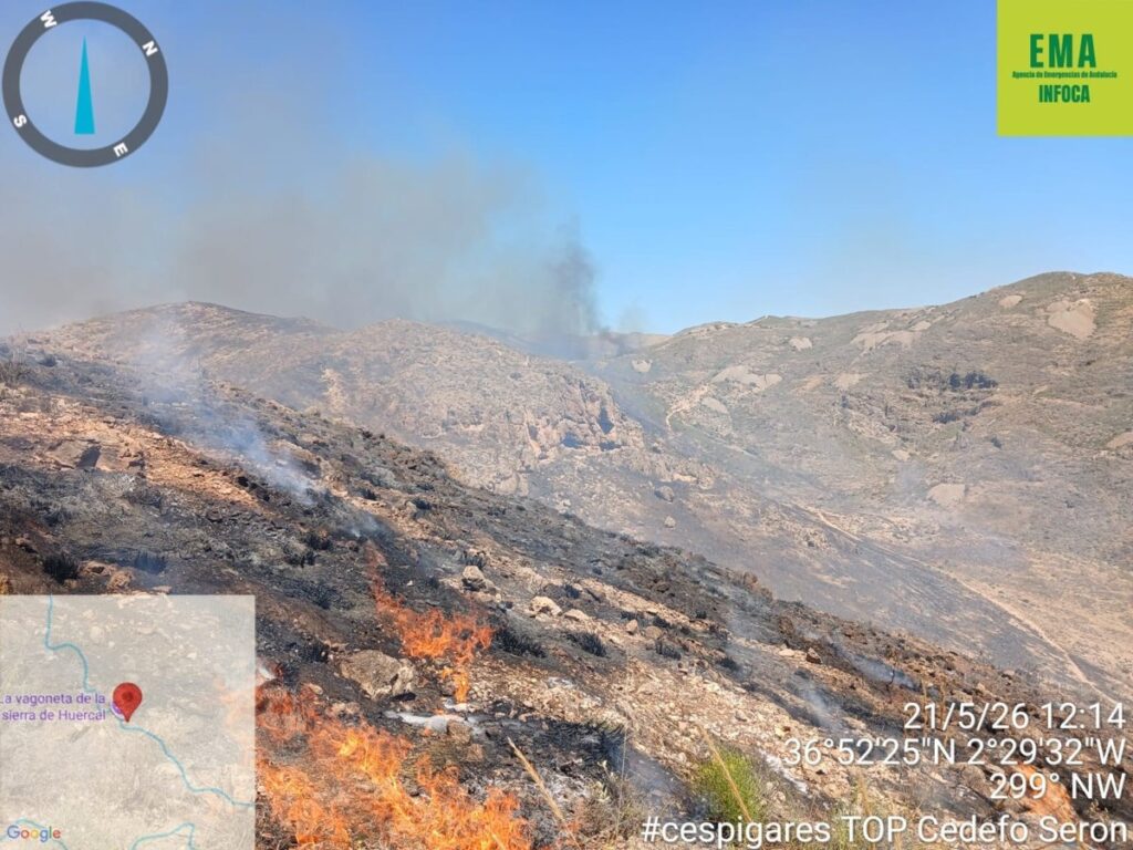 Mapa de Andalucía con 3 focos de incendio activos marcados en rojo sobre zonas de pinar y eucaliptos, bajo cielo anaranjado por el humo