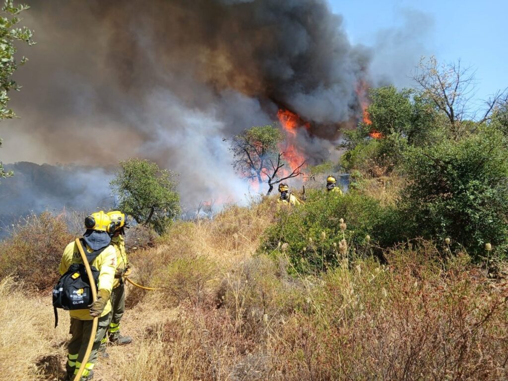 Helicóptero del Infoca sobrevolando llamas en matorral seco de Andalucía con humo denso al fondo