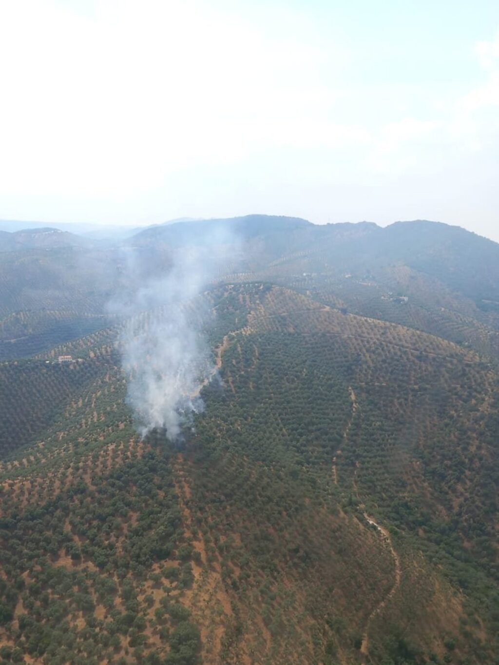 Helicóptero del Plan Infoca extinguiendo llamas en zona agrícola de Córdoba tras impacto de rayo