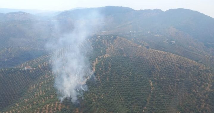 Helicóptero del Plan Infoca extinguiendo llamas en zona agrícola de Córdoba tras impacto de rayo