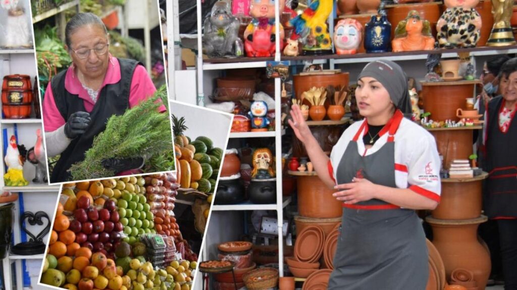 Vista aérea del Mercado Santa Clara en Quito con puestos de artesanías y comida tradicional, parte de la ruta turística 2026