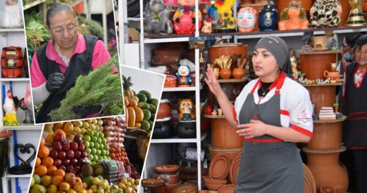 Vista aérea del Mercado Santa Clara en Quito con puestos de artesanías y comida tradicional, parte de la ruta turística 2026