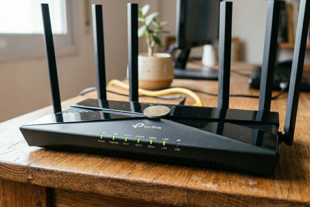 Router sobrecalentado con moneda metálica bloqueando su ventilación, riesgo de daño irreversible