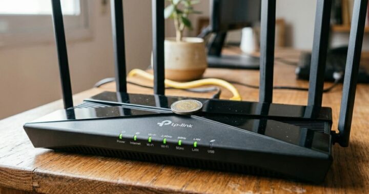 Router sobrecalentado con moneda metálica bloqueando su ventilación, riesgo de daño irreversible
