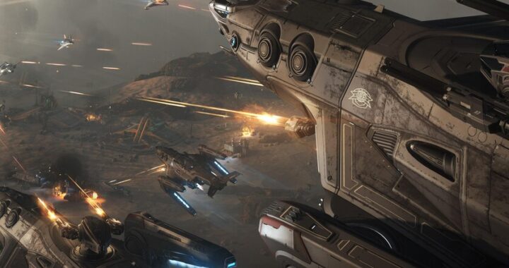 Interfaz futurista de 'Star Citizen' mostrando estadísticas de financiación récord y naves espaciales en desarrollo