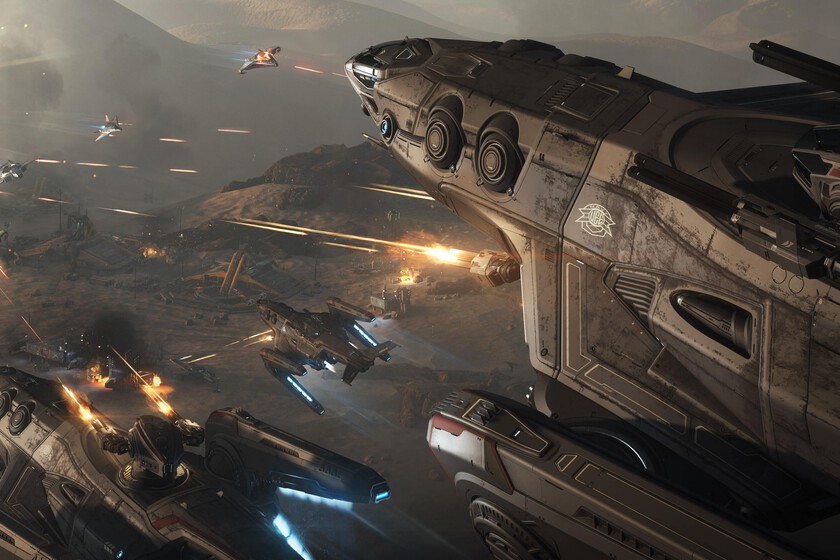 Interfaz futurista de 'Star Citizen' mostrando estadísticas de financiación récord y naves espaciales en desarrollo