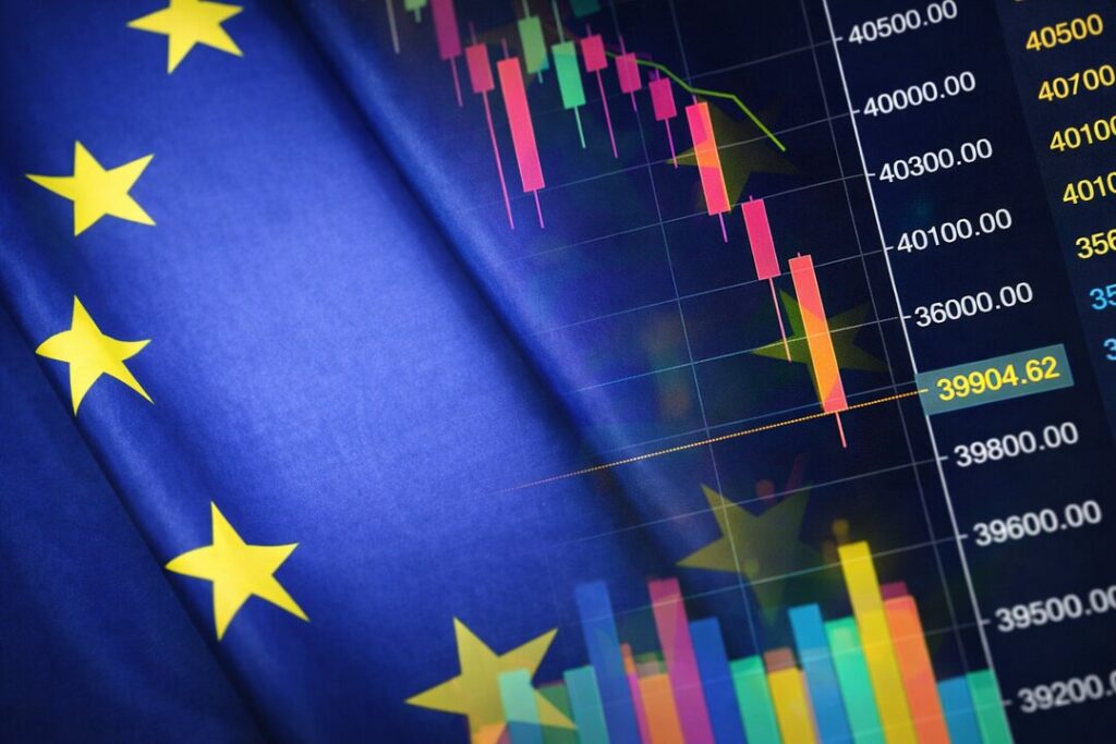 Pantallas de bolsa en rojo con gráficos de FTSE 100 y DAX reflejando caídas tras tregua entre Irán e Israel