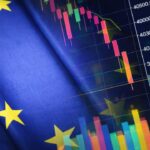Pantallas de bolsa en rojo con gráficos de FTSE 100 y DAX reflejando caídas tras tregua entre Irán e Israel