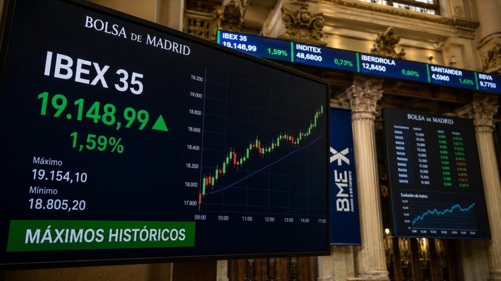 Gráfico del IBEX 35 superando los 19.000 puntos con subida del 1,17% en sesión histórica