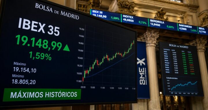 Gráfico del IBEX 35 superando los 19.000 puntos con subida del 1,17% en sesión histórica