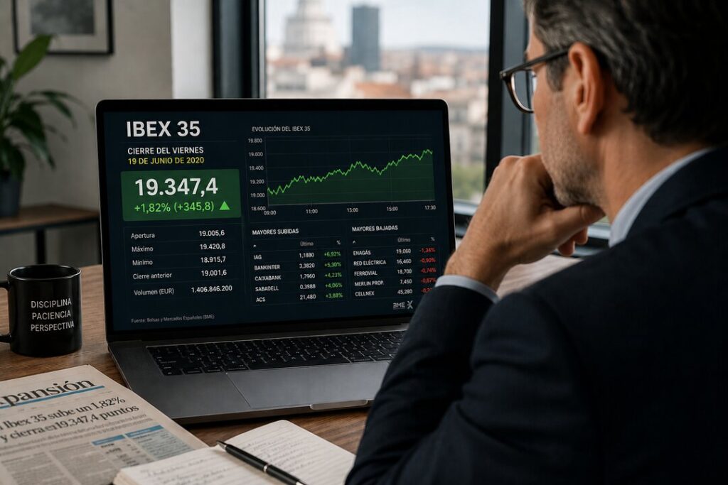 Gráfico del Ibex 35 alcanzando 19.439 puntos con banca y turismo liderando el avance