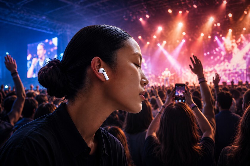 Persona usando AirPods Pro 2 en un concierto para proteger su audición con reducción de hasta 29 dB