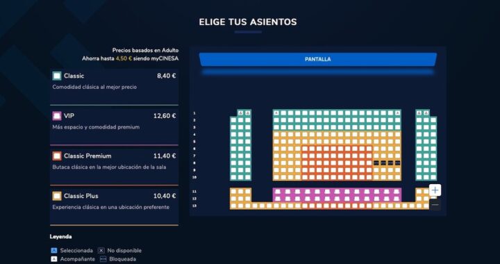 Mapa de butacas de Cinesa con zonas de precios escalonados según ubicación en la sala