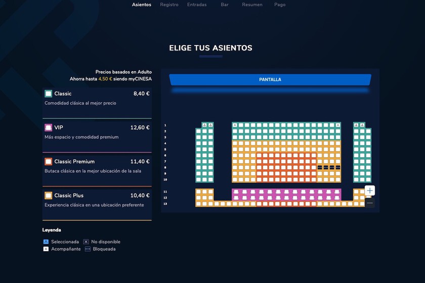 Mapa de butacas de Cinesa con zonas de precios escalonados según ubicación en la sala