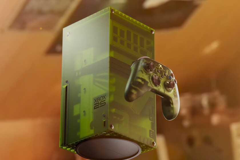 Consola Xbox Series X25 Limited Edition en verde translúcido con logo del 25 aniversario y mando retro inspirado en el 'Duke' de 2001