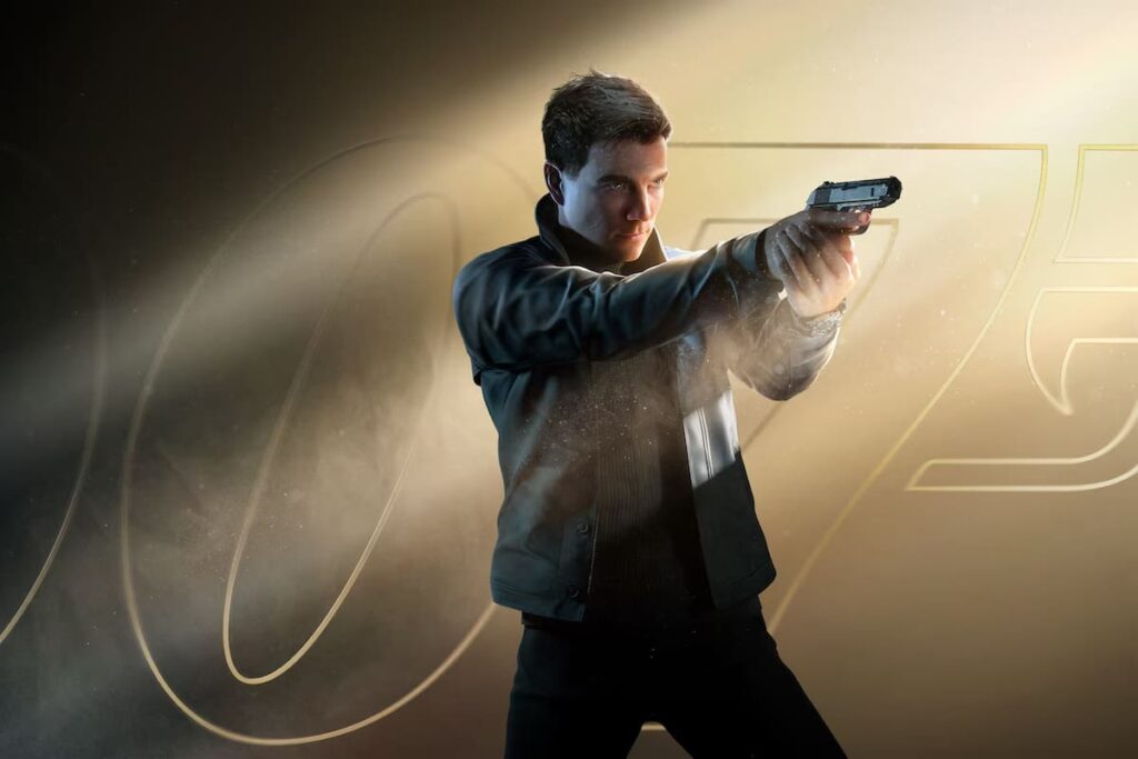 Captura de 007 First Light mostrando al joven James Bond en misión en Islandia con explosiones al fondo y el logo del MI6