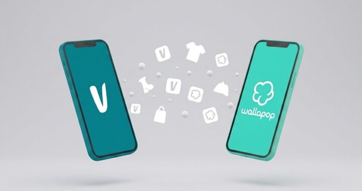 Pantallas de móviles mostrando las apps de Vinted y Wallapop con gráficos de crecimiento y usuarios activos en España