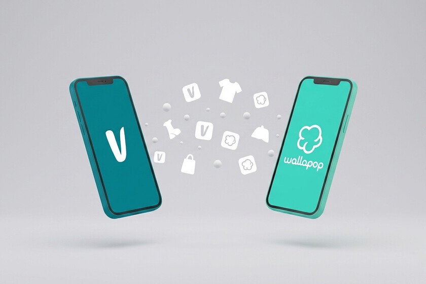 Pantallas de móviles mostrando las apps de Vinted y Wallapop con gráficos de crecimiento y usuarios activos en España