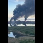 Terminal petrolera de Lugaport en San Petersburgo tras ataque con drones ucranianos mostrando daños en infraestructura crítica