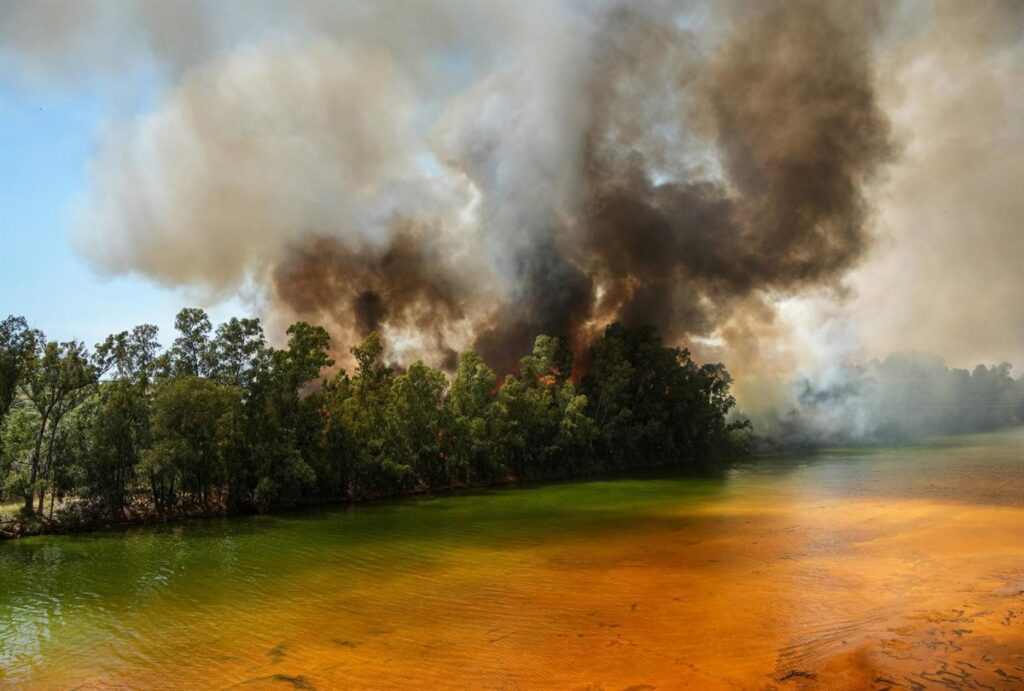 Bomberos y maquinaria pesada de la UME combaten incendio forestal en Huelva con humo denso y cielo anaranjado