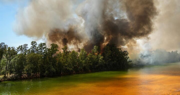 Bomberos y maquinaria pesada de la UME combaten incendio forestal en Huelva con humo denso y cielo anaranjado