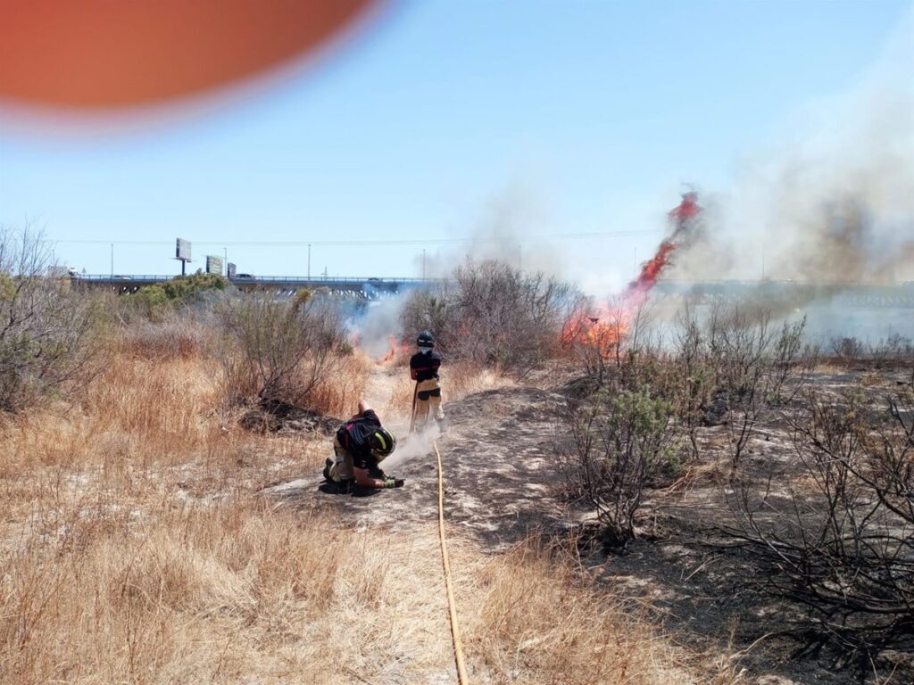 Bomberos y helicóptero combatiendo el incendio en el cauce del río Andarax en Almería con viento de levante
