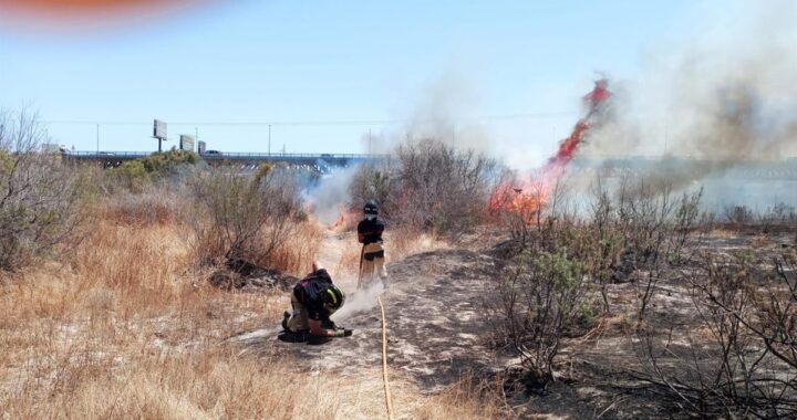 Bomberos y helicóptero combatiendo el incendio en el cauce del río Andarax en Almería con viento de levante