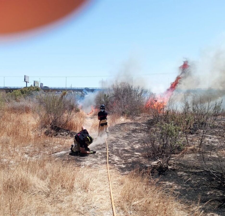 Bomberos y helicóptero combatiendo el incendio en el cauce del río Andarax en Almería con viento de levante