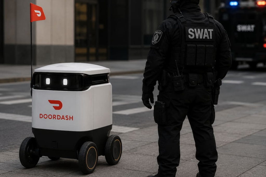 Robot de reparto de DoorDash frente a operativo SWAT en Chandler Arizona con agentes policiales