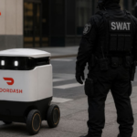 Robot de reparto de DoorDash frente a operativo SWAT en Chandler Arizona con agentes policiales