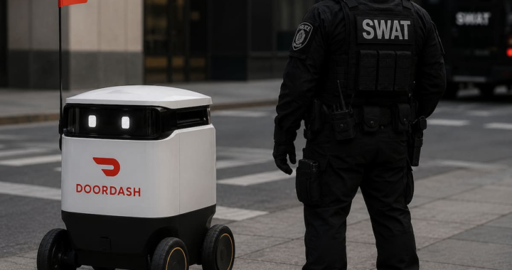 Robot de reparto de DoorDash frente a operativo SWAT en Chandler Arizona con agentes policiales
