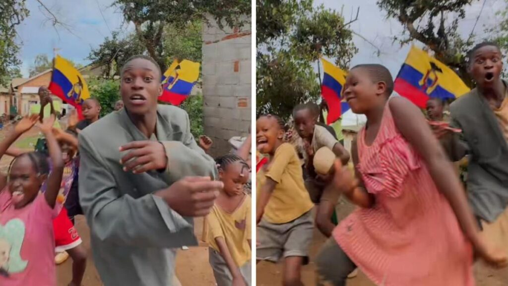 Niños de Uganda bailan 'Papaya Dada' con baldes y bandera de Ecuador, mostrando apoyo al Mundial 2026