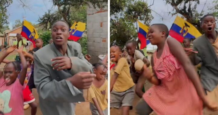 Niños de Uganda bailan 'Papaya Dada' con baldes y bandera de Ecuador, mostrando apoyo al Mundial 2026