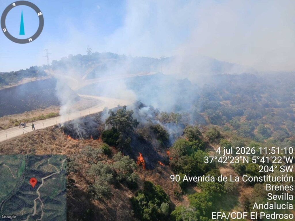 Equipos del Infoca trabajando en el incendio forestal de La Chimenea en Villanueva del Río y Minas