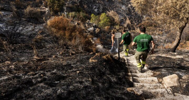 Unos 20 efectivos y dos autobombas trabajan en la noche de este jueves en el remate del incendio de Almería